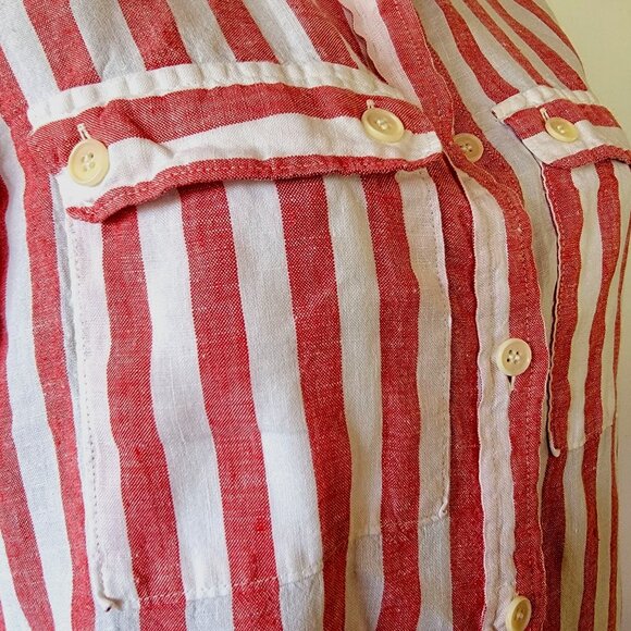 J Crew Linen Red & White Striped Button-Up Long Sleeve Shirt With Chest Pockets - Picture 5 of 11